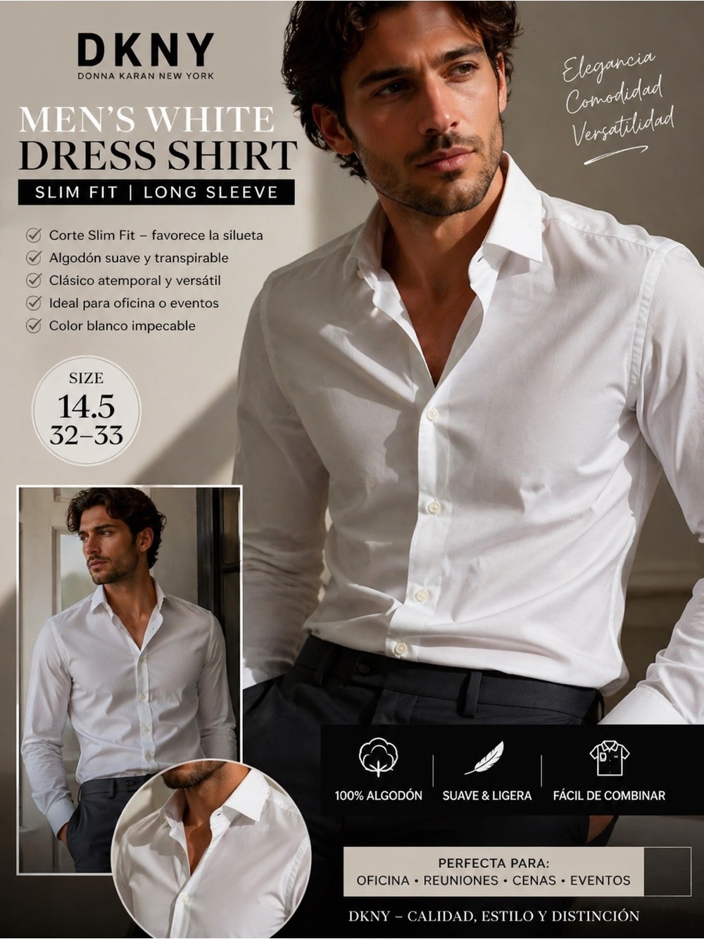 DKNY Men’s White Slim Fit Long Sleeve Dress Shirt – Size 14.5 / 32–33